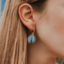 Load image into Gallery viewer, Close-up: minimal light blue porcelain earrings. Gold-filled hoops. Traditional Portuguese art with a modern approach.