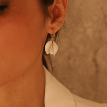 Load image into Gallery viewer, Nature-inspired jewelry: white porcelain earrings with three petals. Dangle hoop earrings.