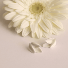 Load image into Gallery viewer, Modern jewelry: delicate white earrings  made of porcelain, surrounded by natural white flowers. Light background.