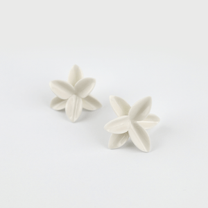 A pair of elegant white porcelain flower earrings, featuring intricate petal details and a delicate design.
