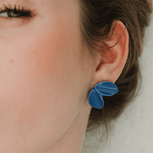 Handcrafted minimal blue porcelain earrings with gold-filled studs. 