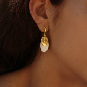 White and gold porcelain earrings. Golden hoops. 